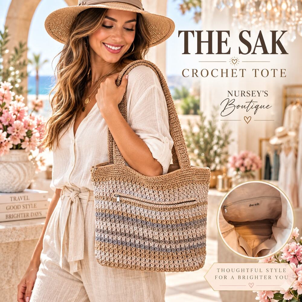 The Sak Crochet Tote Bag Neutral Striped Boho Y2K Shoulder Purse